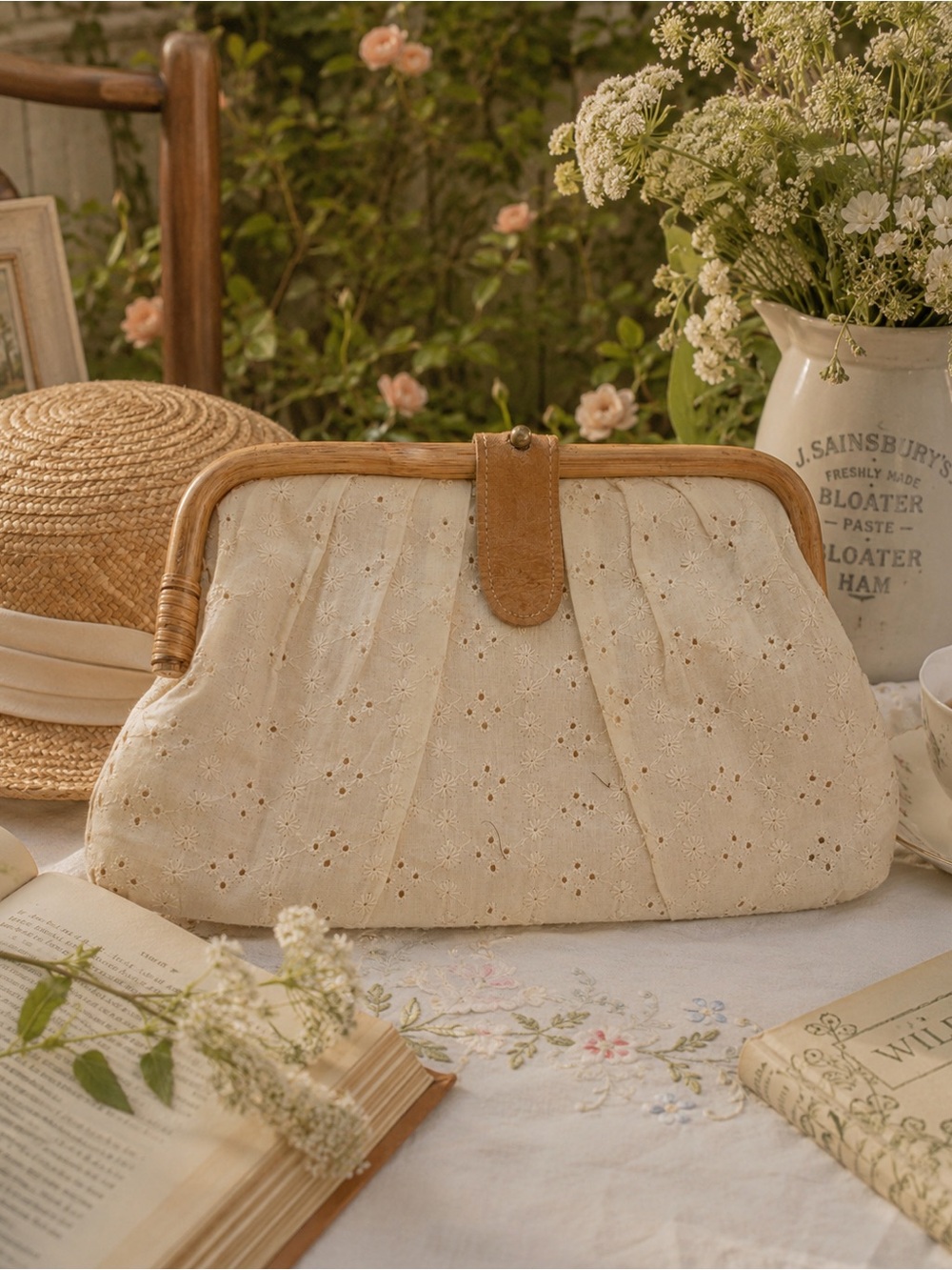 Boho Bamboo Handle Cotton Eyelet Bag Cottagecore Coastal Summer Purse Made India